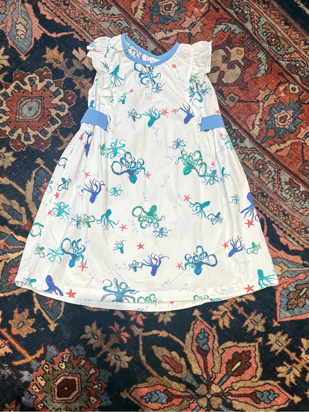 Oso & Me Girls' White Octopus Print Dress with Blue Trim and Green Accents
